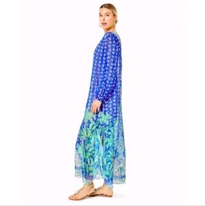Lilly Pulitzer Jupiter Silk Maxi Caftan Blue Grotto SILK Fan Dress Sz L/Xl